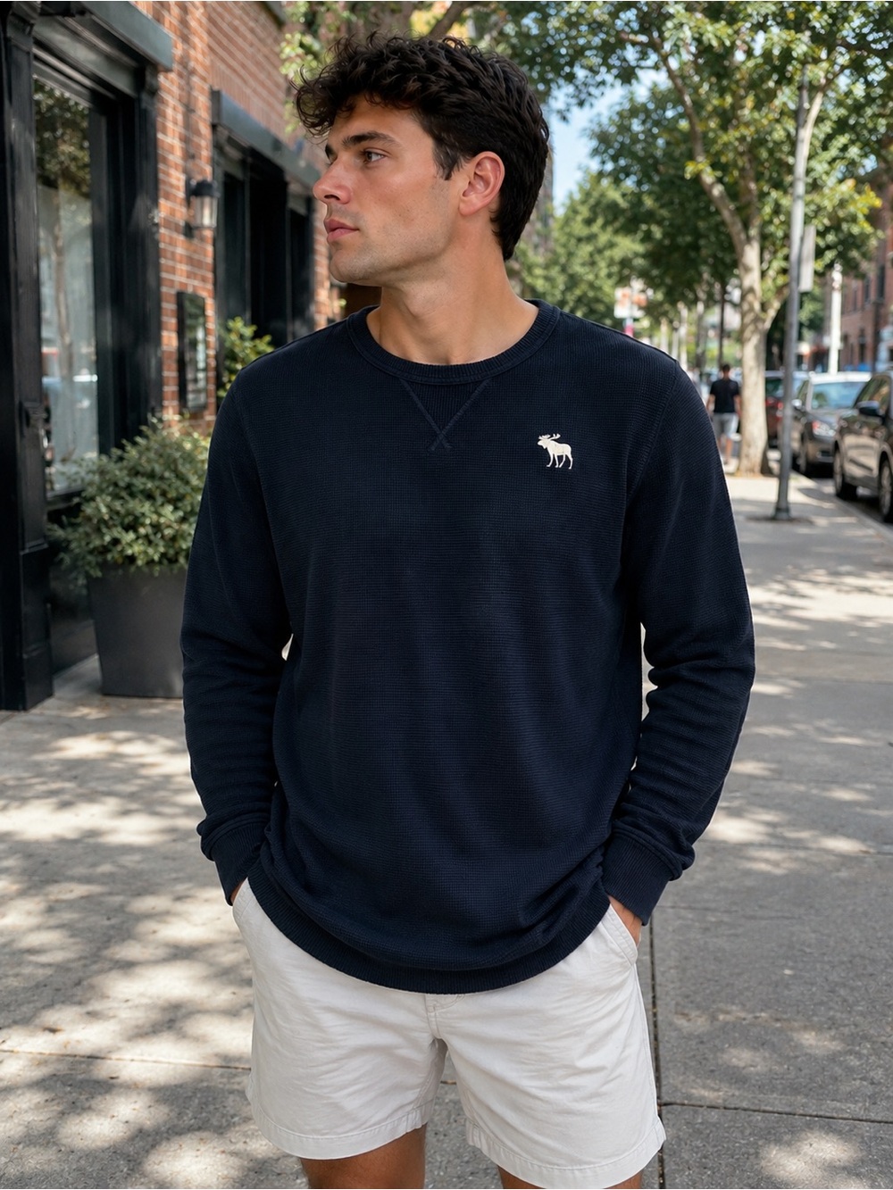 Abercrombie & Fitch Waffle Knit Shirt Navy Moose Logo Men’s XL